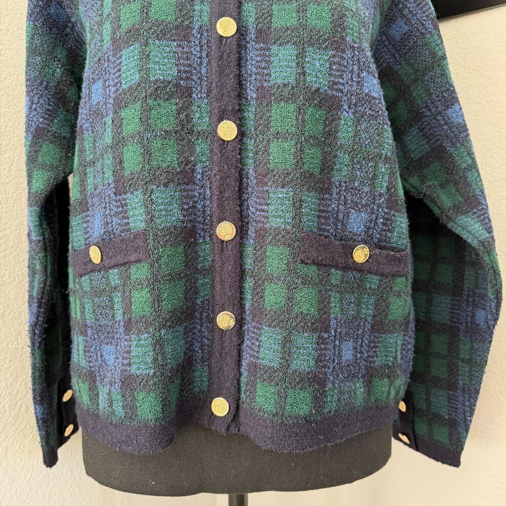 VINTAGE 80s Talbots Tartan Plaid Blue Green Cardigan Sweater Medium - Picture 9 of 14